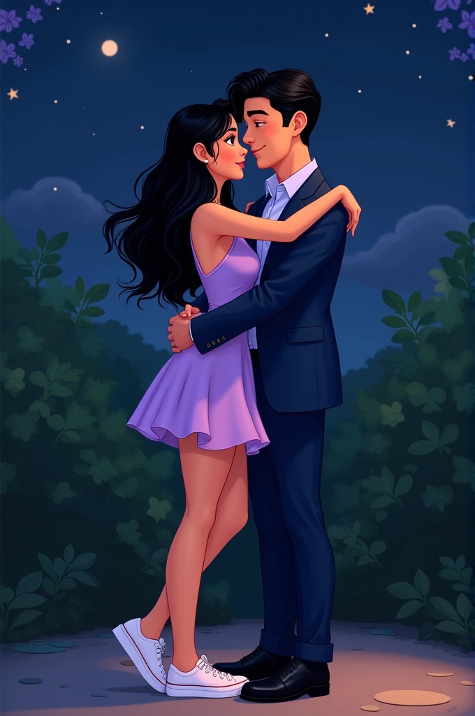 Generates a Disney Pixar style image. A couple hugging sideways, she with a light skin tone, short lilac satin dress, long black hair with waves and white sneakers. The boy, with light skin, was wearing a navy blue suit and lilac shirt, and black shoes. It's night with bushes behind them.