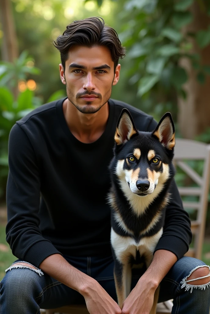 (photorealism:1.2), (8k) (detailed) (full body) Give me a man, Facial features: Square face with a marked jaw, prominent cheekbones and thick, dark eyebrows. Adds youthfulness to his appearance. Hair: Dark hair, usually combed back or with a slightly disheveled style, which can vary between short and medium. Eyes: Dark green eyes, with a penetrating look that expresses confidence, with cross-shaped hoops on each side. Build: thin and well-defined. Height 1.80, which gives him an imposing presence. Style: His style of clothing: black sweater, ripped jean pants. Skin tone: Tanned skin tone, typical of the Mediterranean. Expression: He usually has a serious or concentrated expression, although he can show a charming and confident smile. (sitting in the garden with a Siberian dog) (high resolution), (4k).