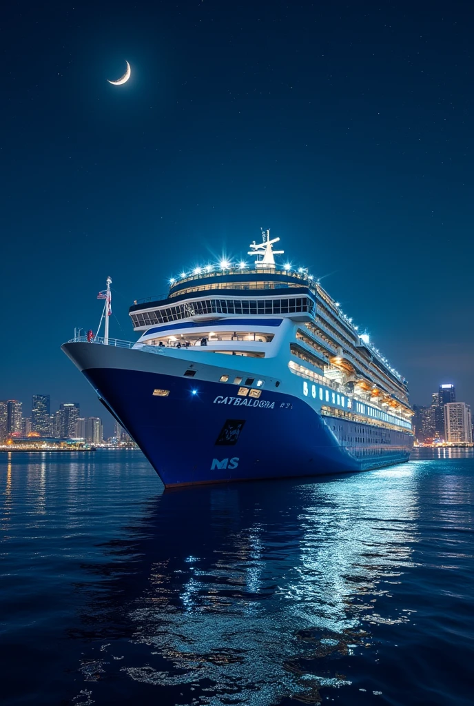 A Cruise car ferry named MS Catbalogan is leaving manila port at night