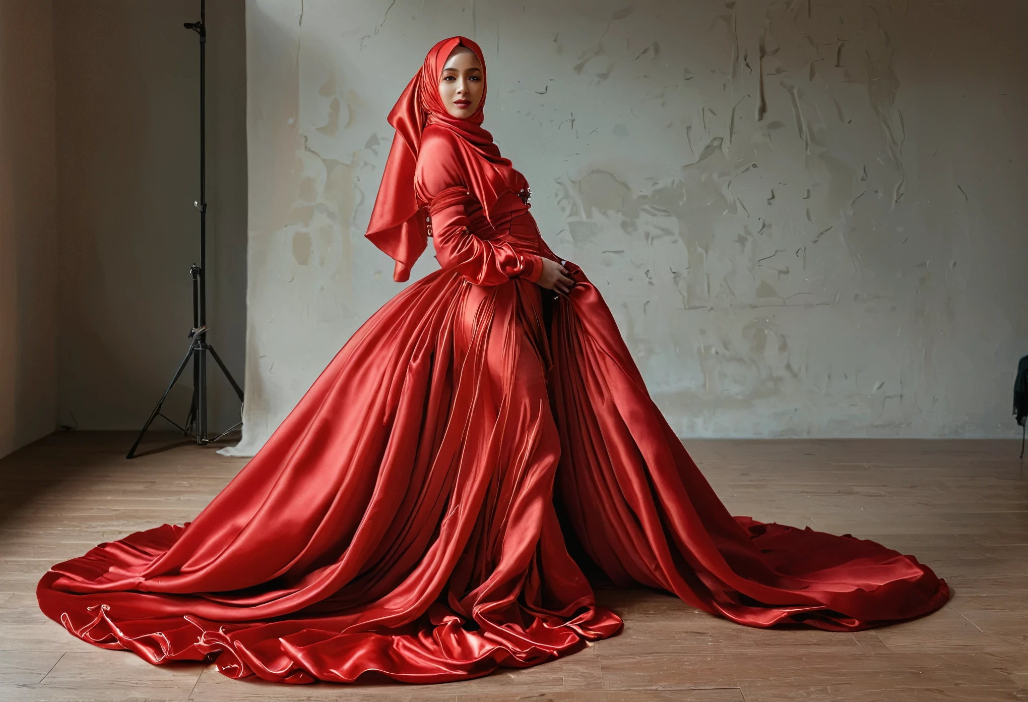 A woman shrouded in a 10-meter-long, plush red satin cloth, ballon sleeves, tightly bound and grandly draping along the form of her body, flowing off into a pooled floor-length train, styled in a mermaid-inspired outfit, her head modestly veiled in a satin hijab, 175 height woman, walk in photo studio, a full-body pose conveying a sense of elegance, captured in a 4k resolution, ultra-realistic