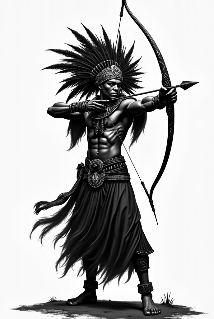 Orixá Oxossi in black and white shooting an arrow with a feathered hat on his head 