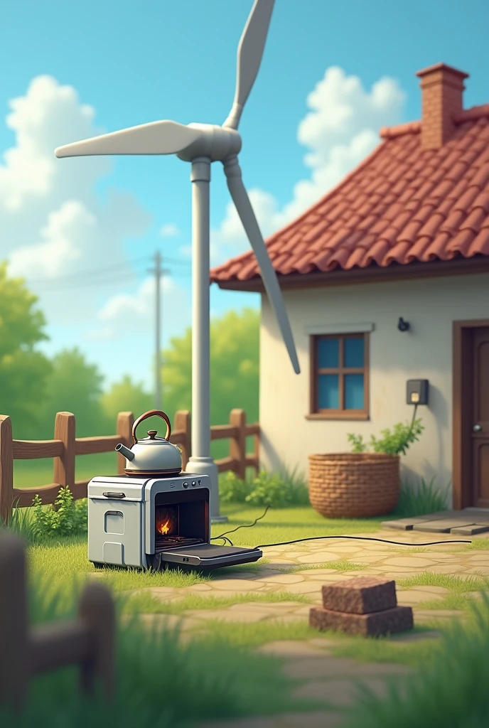 Show me an image of a windmill that is outside a house producing electricity and at the same time by cables, This electrical energy makes a cooking stove work and above this stove there is a kettle that produces thermal energy, the kitchen that is inside a house that is seen to be producing electrical energy and that is allowing the kitchen to function by heating the kettle