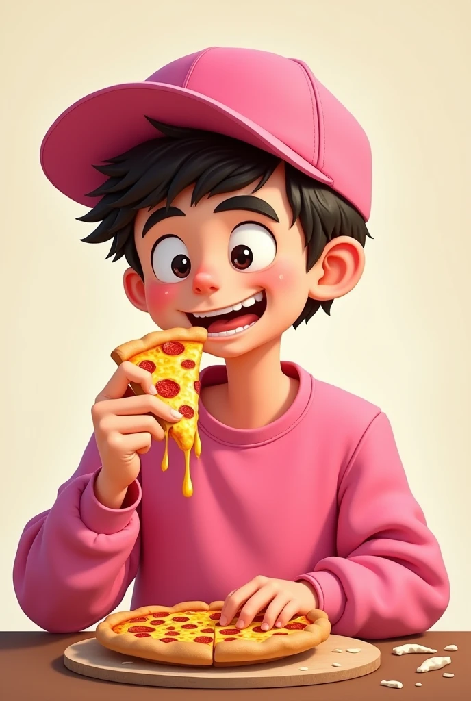 Cartoon of a 20 year old boy, with pink cap, pink sweatshirt, eating a pizza with your mouth closed