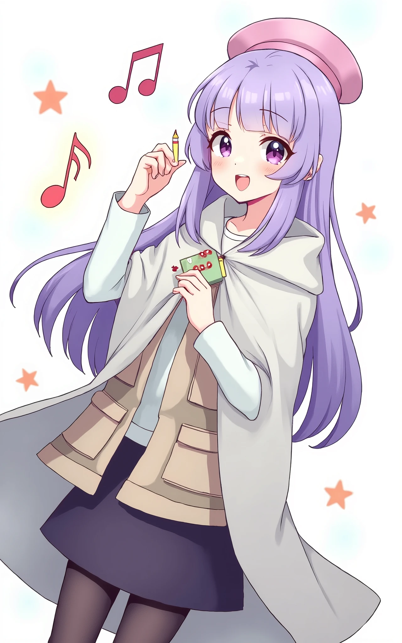 (Daisaku),(Need),(Super meticulous),(full bodyesbian:1.2),1girl,tchibi,adolable,ssmile,open-mouth smile, open-mouth smile,Light blue background,Raise your right hand,Hold a pencil in hand,Hold a book in your left hand,Music,Pink berets,cloak,The shirt, (short detailed:1.3)