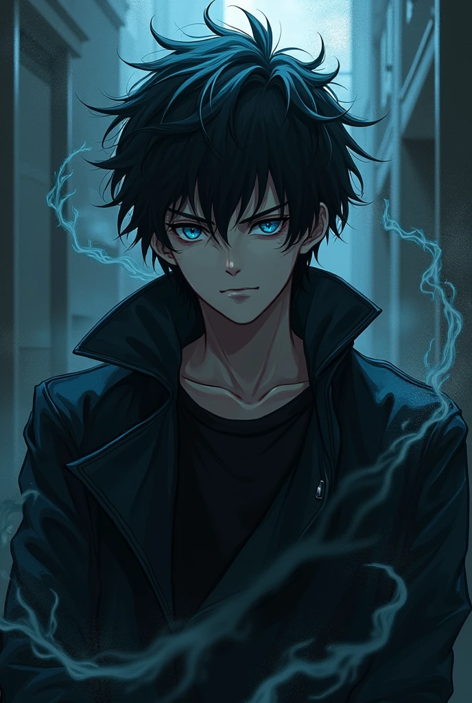 Jujutsu Kaisen themed character boy with flat messy hair black with blue eyes with cursed shadows around him