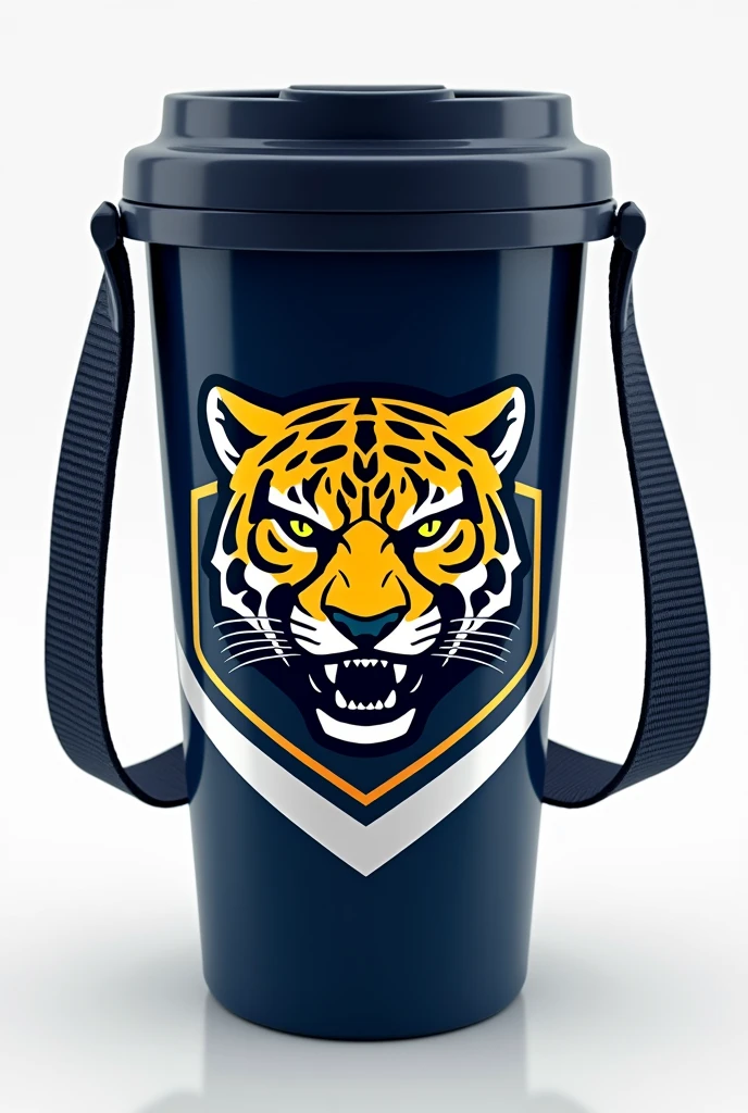 "Hello, I need your help to create a slogan for &#39;Atlética Predadora&#39;, a university athletic team with a jaguar mascot. The slogan must reflect power, mastery and excellence. Por favor, generate some impactful slogans that incorporate these elements and the concept of predator." Use visual elements with dark blue, white and gold, the jaguar with its original colors which is yellow with black tips. PROVIDE ME WITH A PICTURE OF WHAT AN ATHLETIC MUG WITH A STRAP WOULD LOOK LIKE 
