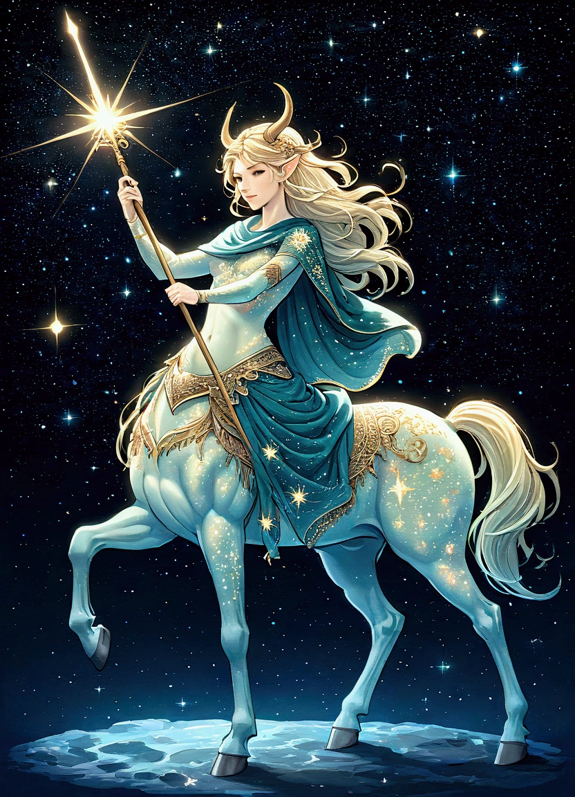 Illustration of a dressed centaur (luminescent rays), centaur with spear, stars and starry sky, constellations, centaurs, one, (centaur with shawl)