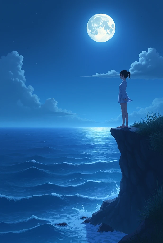 anime girl standing on a cliff overlooking the ocean at night, full moon, anime, anime. soft lighting, 4k anime wallpaper, anime girl desktop background, hd anime wallaper, anime wallpaper 8k, anime wallpaper 8k, hd anime wallpaper, beautiful anime portrait, realistic anime artstyle, anime beautiful peace scene, anime wallaper, anime wallpaper
