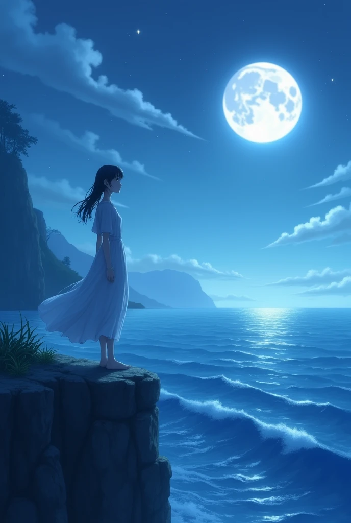 anime girl standing on a cliff overlooking the ocean at night, full moon, anime, anime. soft lighting, 4k anime wallpaper, anime girl desktop background, hd anime wallaper, anime wallpaper 8k, anime wallpaper 8k, hd anime wallpaper, beautiful anime portrait, realistic anime artstyle, anime beautiful peace scene, anime wallaper, anime wallpaper