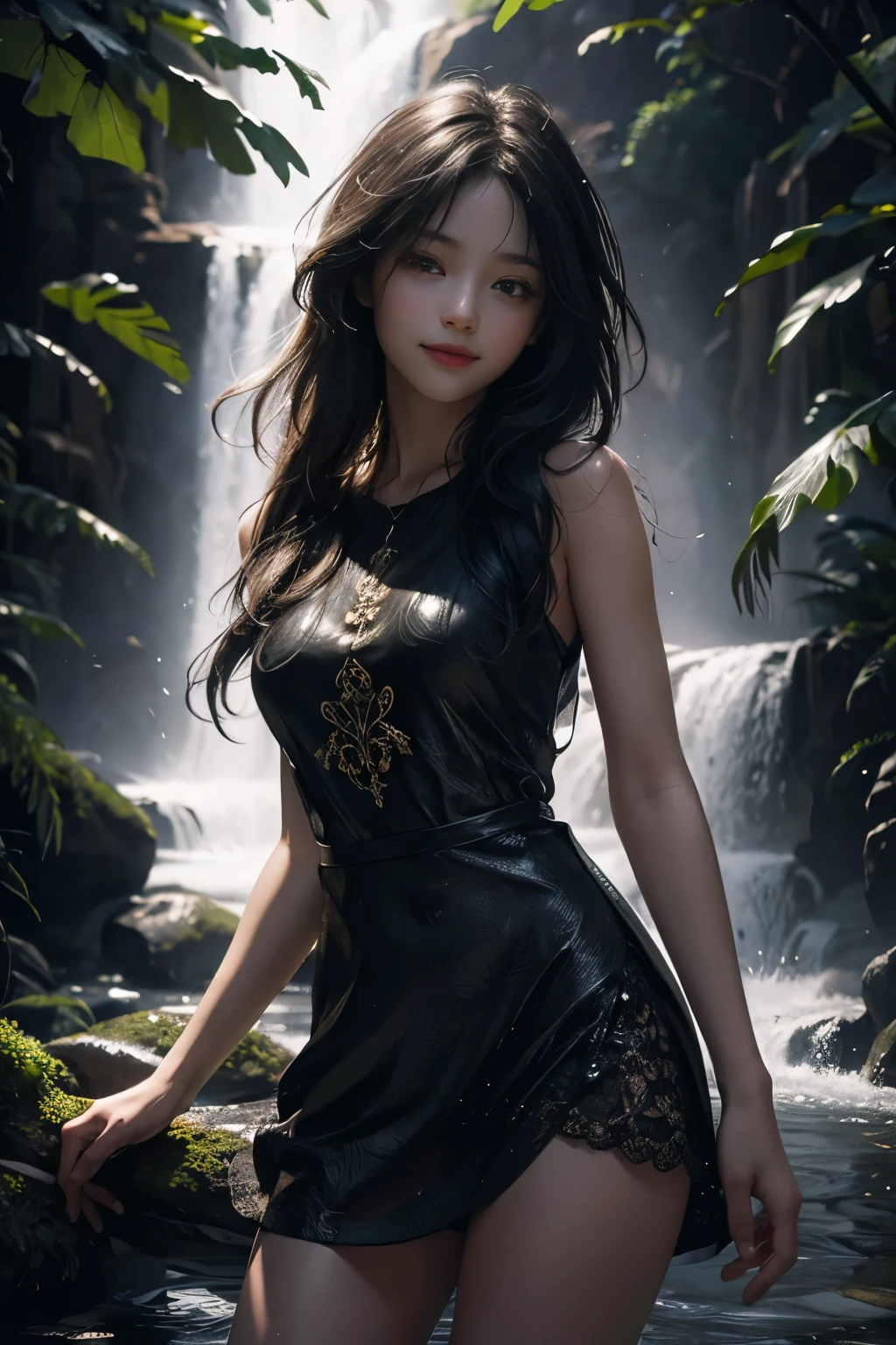 (ultra realistic) , (illustration), (increase resolution), (8K), (extremely detailed), (best illustration), (beautiful detailed eyes), (best quality), (ultra-detailed), (masterpiece), (wallpaper), (detailed face), 1 girl, black straight hair, slender body, delicate details, in the dark, deep shadow, low key, pureerosfaceace_v1, happy smile, summer dress, waterfall, rainforest