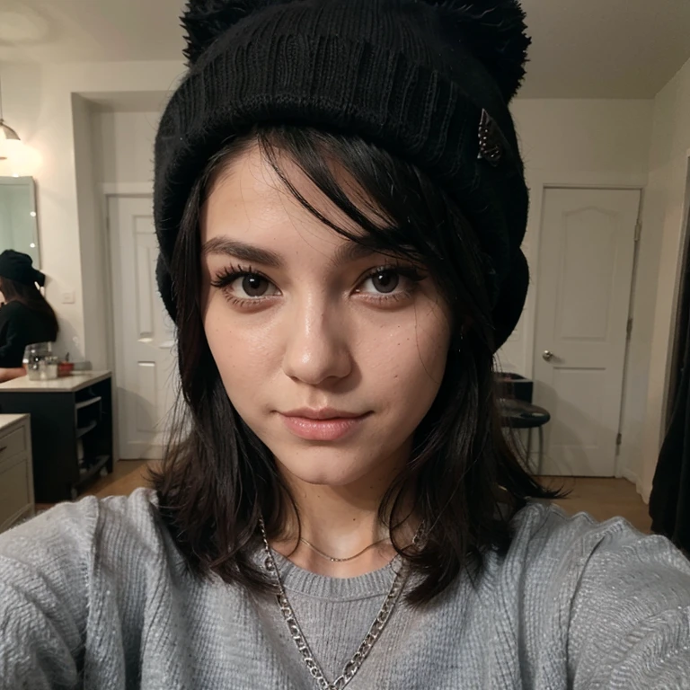 Sexy girl with long black hair taking a selfie in a black mask, a gray sweater and a black cap with a black beanie t silver chain