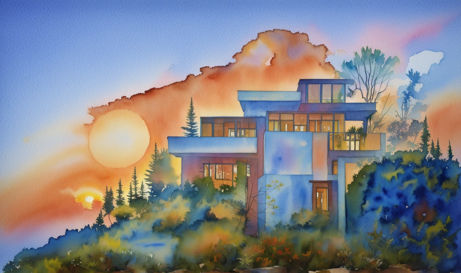 (masterpiece, best quality: 1.2), KTHOUSE Style - Watercolor sketch, Watercolor style, modern style villa, on a cliff with many trees, clear blue sky, sunrise