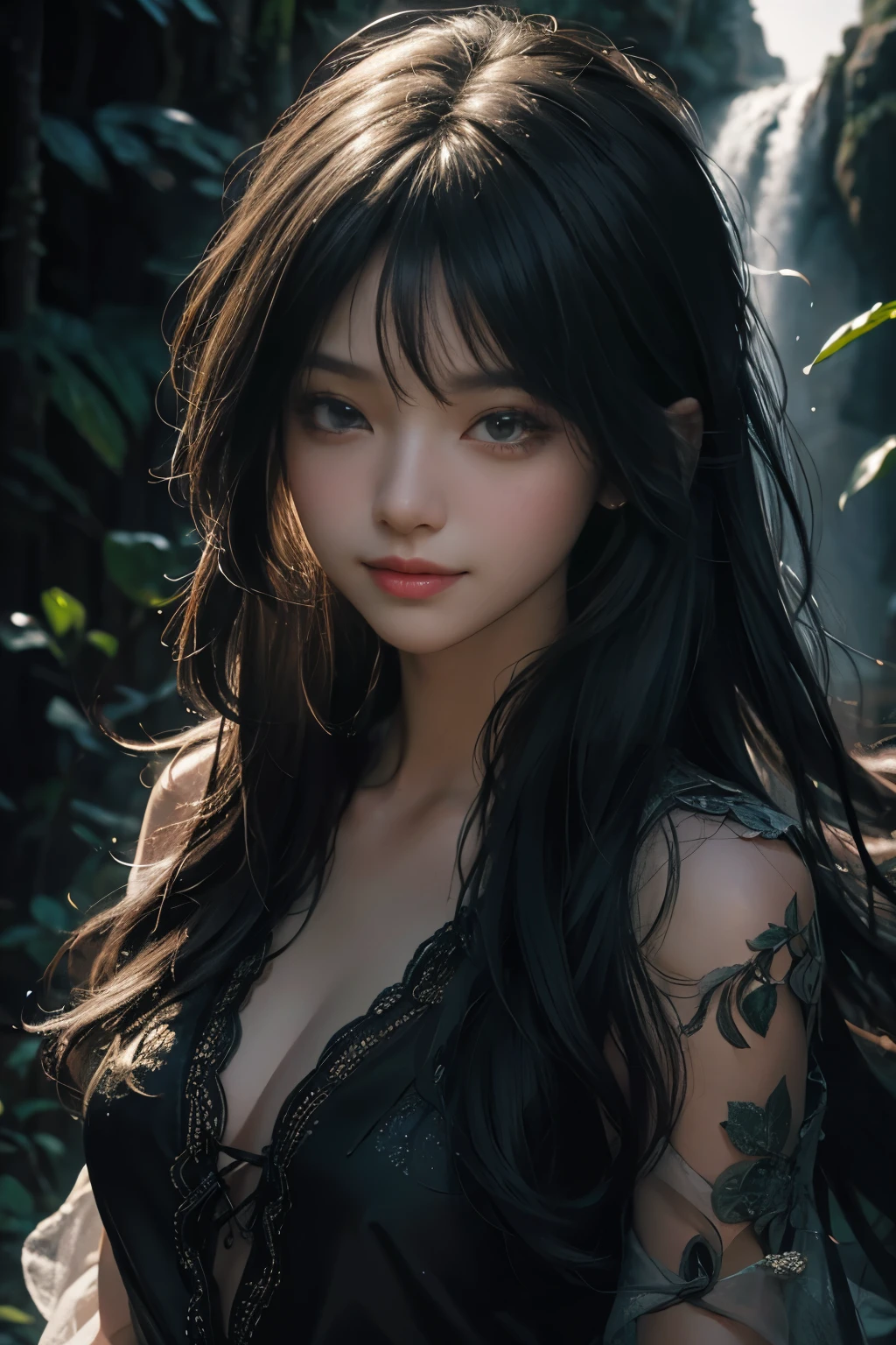 (ultra realistic) , (illustration), (increase resolution), (8K), (extremely detailed), (best illustration), (beautiful detailed eyes), (best quality), (ultra-detailed), (masterpiece), (wallpaper), (detailed face), 1 girl, black straight hair, slender body, delicate details, in the dark, deep shadow, low key, pureerosfaceace_v1, happy smile, summer dress, waterfall, rainforest