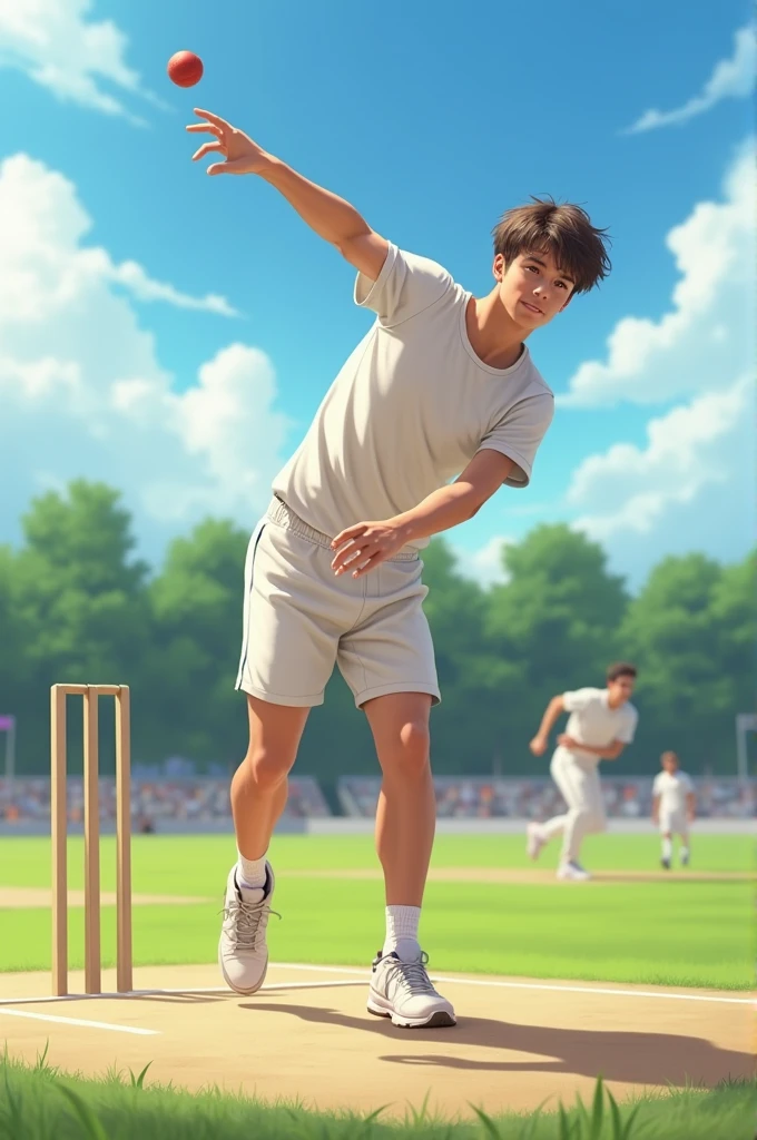 To generate an image of a bowling in cricket while wearing civilian clothes on a field, you can use the following prompt:
"Create an image of a in mid-action bowling during a cricket match. He is dressed in casual civilian clothes— a plain t-shirt and shorts instead of a traditional cricket uniform. The setting is a sunny day on a grassy field with a clear blue sky. The boy's expression is focused and determined as he releases the ball with perfect form. In the background, there are distant trees and a few scattered players watching the action."
