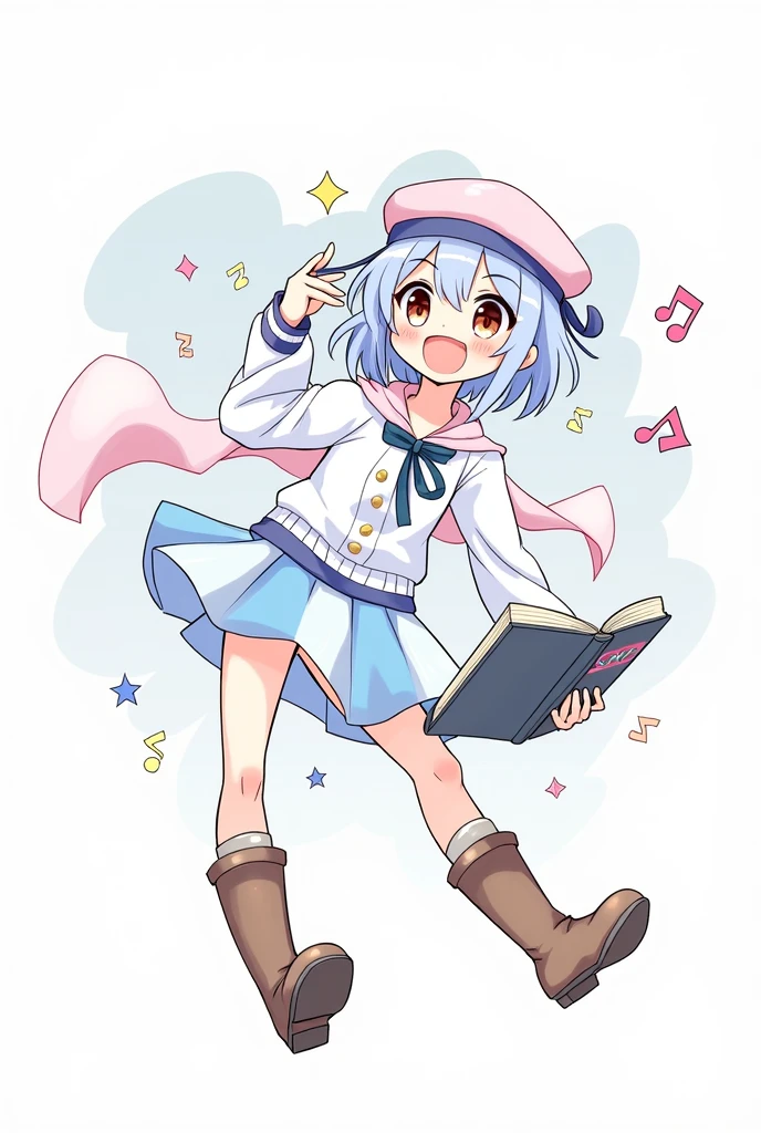 (Daisaku),(Need),(Super meticulous),(full bodyesbian:1.2),1girl,tchibi,adolable,ssmile,open-mouth smile, open-mouth smile,Light blue background,Raise your right hand,Hold a pencil in hand,Hold a book in your left hand,Music,Pink berets,cloak,The shirt, (short detailed:1.3)