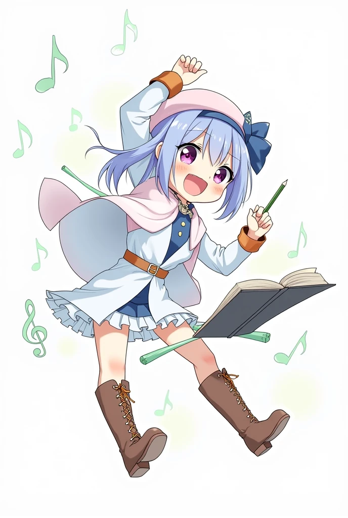 (Daisaku),(Need),(Super meticulous),(full bodyesbian:1.2),1girl,tchibi,adolable,ssmile,open-mouth smile, open-mouth smile,Light blue background,Raise your right hand,Hold a pencil in hand,Hold a book in your left hand,Music,Pink berets,cloak,The shirt, (short detailed:1.3)