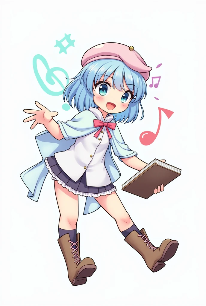 (Daisaku),(Need),(Super meticulous),(full bodyesbian:1.2),1girl,tchibi,adolable,ssmile,open-mouth smile, open-mouth smile,Light blue background,Raise your right hand,Hold a pencil in hand,Hold a book in your left hand,Music,Pink berets,cloak,The shirt, (short detailed:1.3)