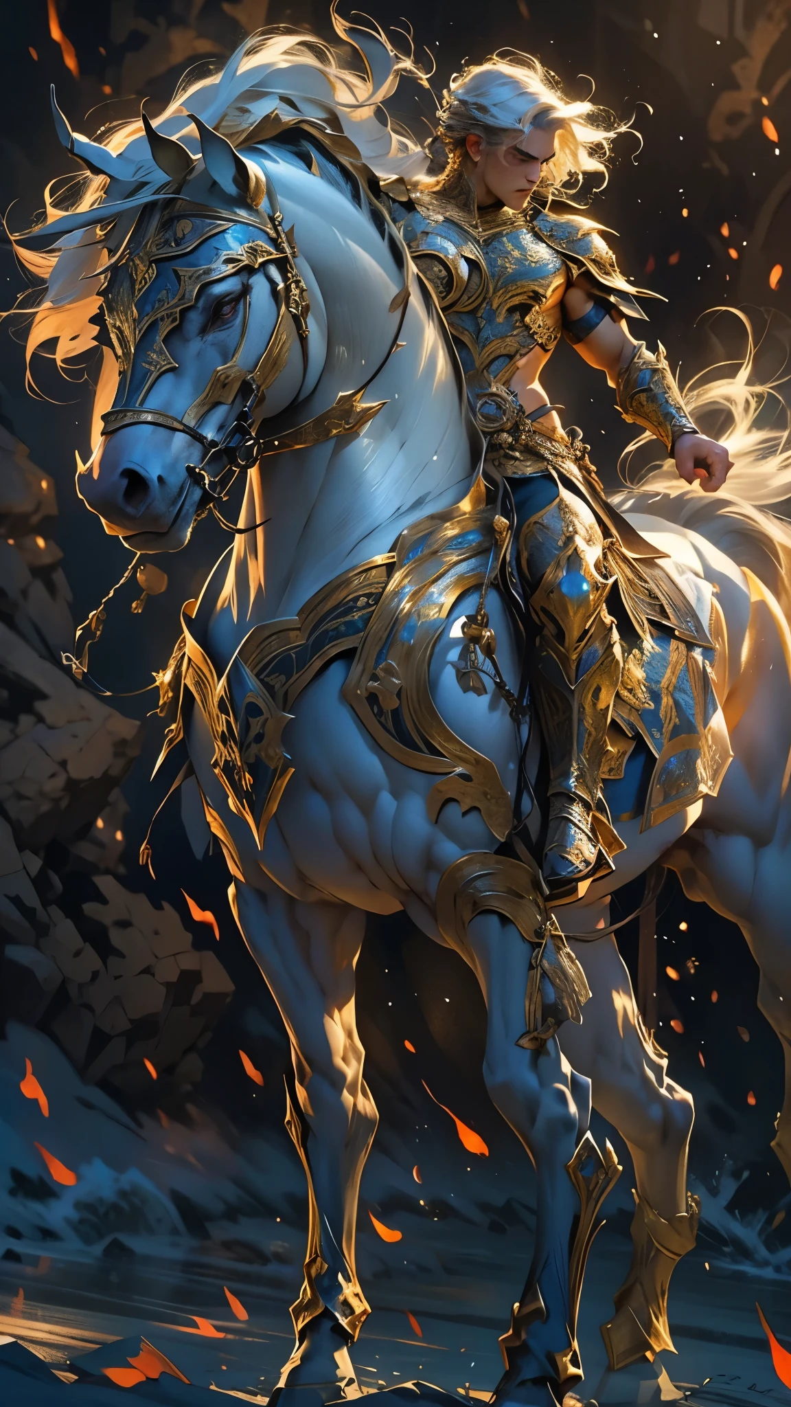 cinematic fantasy centaur, detailed and intricate, muscular upper body, horse-like lower body, flowing mane, piercing eyes, ornate armor, mythical creature, dramatic lighting, epic landscape, cinematic composition, highly detailed, photorealistic, dramatic shadows, vibrant colors, concept art style