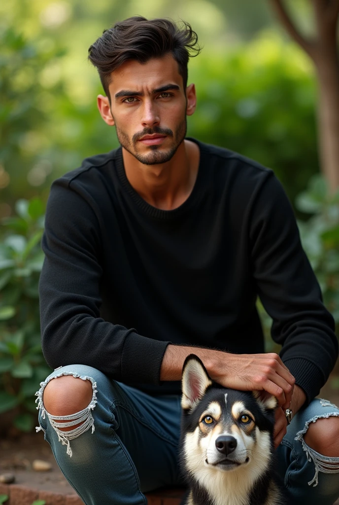 (photorealism:1.2), (8k) (detailed) (full body) Give me a man, Facial features: Square face with a marked jaw, prominent cheekbones and thick, dark eyebrows. Adds youthfulness to his appearance. Hair: Dark hair, usually combed back or with a slightly disheveled style, which can vary between short and medium. Eyes: Dark green eyes, with a penetrating look that expresses confidence, with cross-shaped hoops on each side. Build: thin and well-defined. Height 1.80, which gives him an imposing presence. Style: His style of clothing: black sweater, ripped jean pants. Skin tone: Tanned skin tone, typical of the Mediterranean. Expression: He usually has a serious or concentrated expression, although he can show a charming and confident smile. (sitting in the garden with a Siberian dog) (high resolution), (4k).