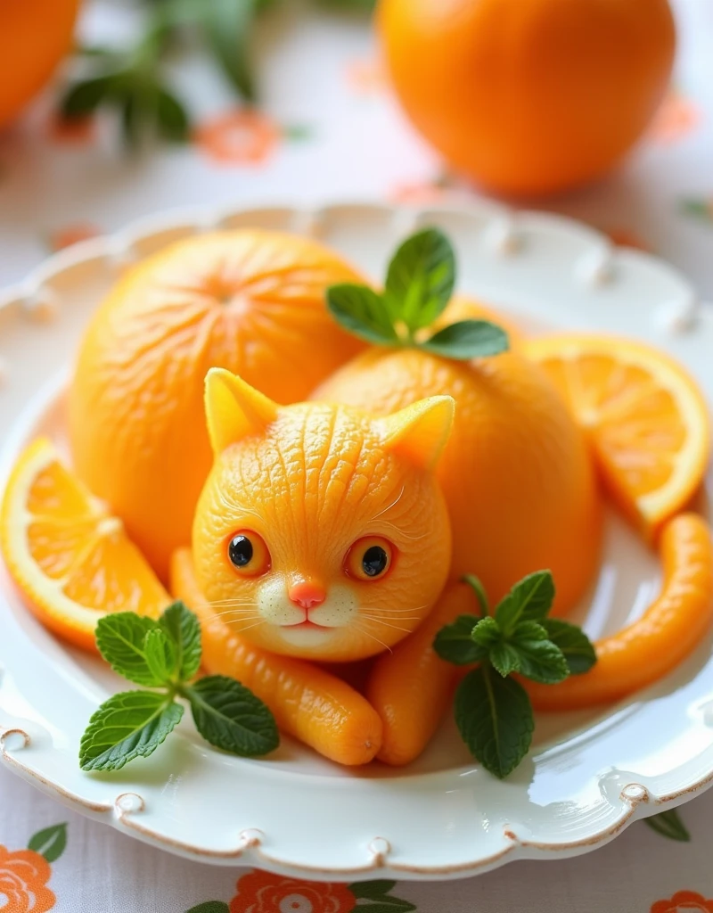 This is a high resolution photo,A delicate work of cat-shaped food art is displayed。The centerpiece of the work is a peeled orange,Sculpted like a lying cat,The tail is curled around the body。The natural texture and pattern of the orange are clearly visible,With cat's eyes、The nose and beard together create a lifelike appearance。The position of the cat's body and tail indicates that it is resting comfortably.。The cat is surrounded by two whole orange slices,One side,Showing off its bright orange color and juicy translucent flesh。Cat and orange slices on a white plate,Delicate edge decoration。Fresh green mint leaves placed around the cat's head and tail,Adds a touch of color and a fresh, natural element to the composition。The background is a piece of white cloth,It has an orange floral pattern.,Matches the color of food。also,There is also a whole orange in the background slightly off-center,Enhanced