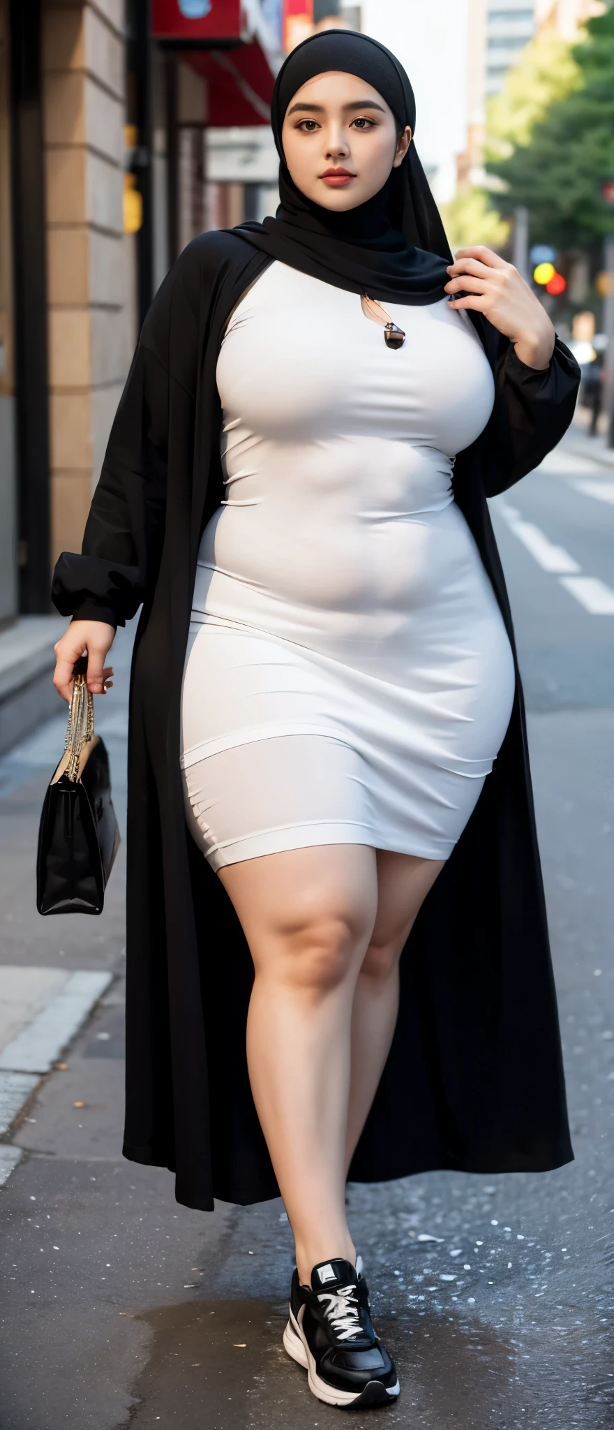 Milky white skin woman in black dress and hijab walking down the street, ,  hijab outfit, ,  hijab fashion model, plus size, plus size woman, ,  woman in black robes, beautiful woman, thicc, black outfit,, bbwchan , white sneakers , Height 170 cm, beautiful woman, with a beautiful appearance, a very beautiful masterpiece, a masterpiece of art, good lighting, Bright colors, Clean lines