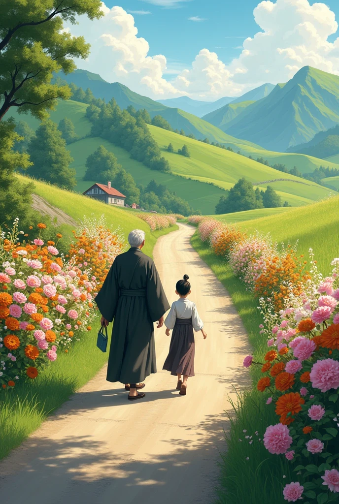 Master and his student walking on a road, beside the road many flowers are present