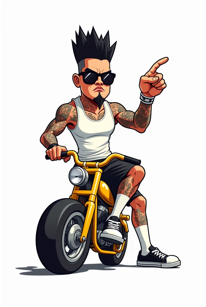 Cartoon illustration, of cholo with white tank tops, Bermuda shorts, white tennis shoes with black, with tattoos on his arms, dark glasses,with high white socks, with the shaved cut, goatee, on a gold cholo bike with high handlebars, pointing forward,with an annoyed expression ,WITH WHITE BACKGROUND