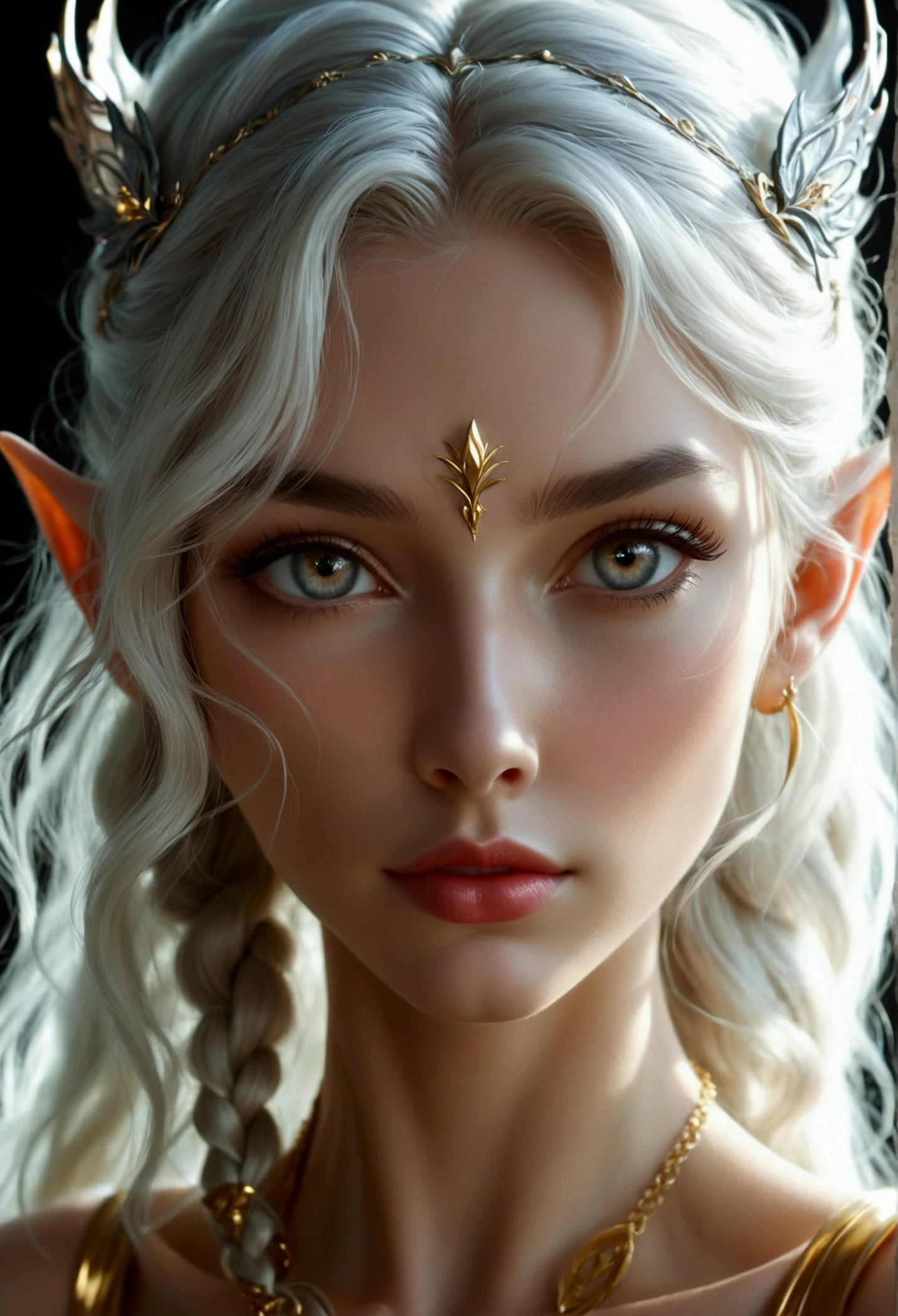 ELVE FEMALE (TOLKIEN) WITH AN HYBRID FACE BETWEEN , 2, FULL BODY IMAGE , STUDIO IMAGE STYLE, BLACK INFINITE BACKGROUND, DIFFUSED LIGHTS ON FACE, BACK LIGHTS ON HAIR, LUMINOUS HAIR, CLOSE FACE SHOT, PLATINUM LONG HAIR, HUGE STRAIGHT LONG HAIR, BRAID HAIR STYLE, PLATINUM EYEBROWS, VERY PALE SKIN, LUMINOUS SKIN, FEMALE FAIRY, TOLKIEN MITHOLOGY, EXPOSED TIP EARS, HIGH DETAILED ELVE EARS, HIGH CHEEKBONES, ROSY CHEEKS, EXPRESSIVE LIGHT GRAY EYES, GORGEOUS LIPS, SOFT LIPSTICK, GORGEOUS ATHLETIC BODY, STRONG BODY, SOFT MUSCLES, VOLUMOUS BREASTS, STRAPLESS CLEAVAGE, LONG BLACK MEDIEVAL DRESS, GOLDEN SANDALS ON FEET, SPLIT LONG DRESS, GOLDEN DETAILS, GOLDEN BRACELETS, GOLDEN CHOKE COLLAR, EXPOSED THIGHS, ENIGMATIC FACE EXPRESSION, FRONT BODY VIEW, FULL BODY PERSPECTIVE, LOOKING UP, TOLKIEN MITHOLOGY, HIGH QUALITY IMAGE, MASTERPIECE, 8K