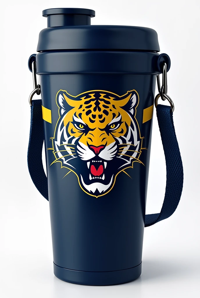 "Hello, I need your help to create a slogan for &#39;Atlética Predadora&#39;, a university athletic team with a jaguar mascot. The slogan must reflect power, mastery and excellence. Por favor, generate some impactful slogans that incorporate these elements and the concept of predator." Use visual elements with dark blue, white and gold, the jaguar with its original colors which is yellow with black tips. PROVIDE ME WITH A PICTURE OF WHAT AN ATHLETIC MUG WITH A STRAP WOULD LOOK LIKE 

