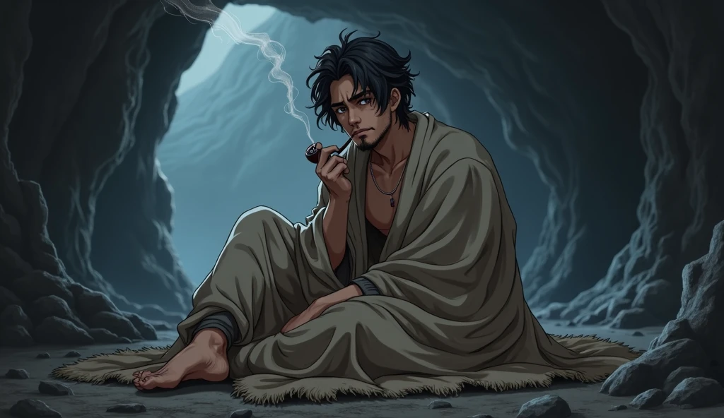 Fantasy style. Inside a cave there is an attractive naked young man sitting, covered only by a threadbare and dirty blanket. His appearance is that of an attractive, but dirty and disheveled young adult, with a stubble beard and a sad and disinterested expression on life. He is smoking a pipe and seems to be addicted to a drug. Anime style. Medieval Fantasy.