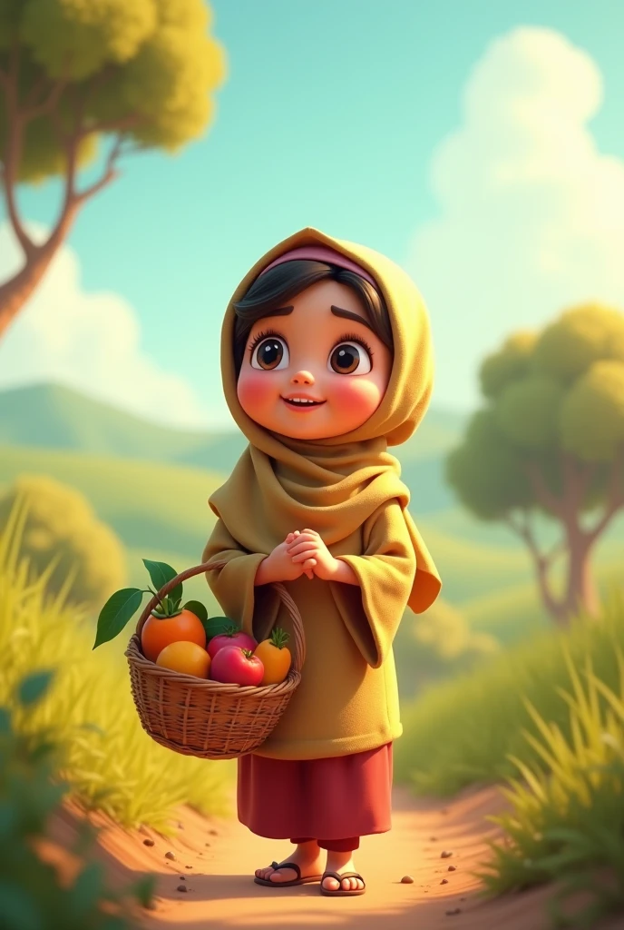 Prompt: Amina, with a joyful expression, looks up towards the sky in gratitude, thanking Allah. The image also shows her carrying the basket of fruits, heading back to her village.small girl 3D animated cartoon 
