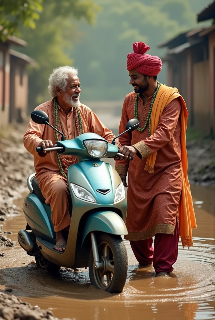 Ek uncle hai jinka scooter kichad mein fas Gaya hai ek ladka unki madad Karta hai jisne apni shaadi ki sherwani pahani hai back image