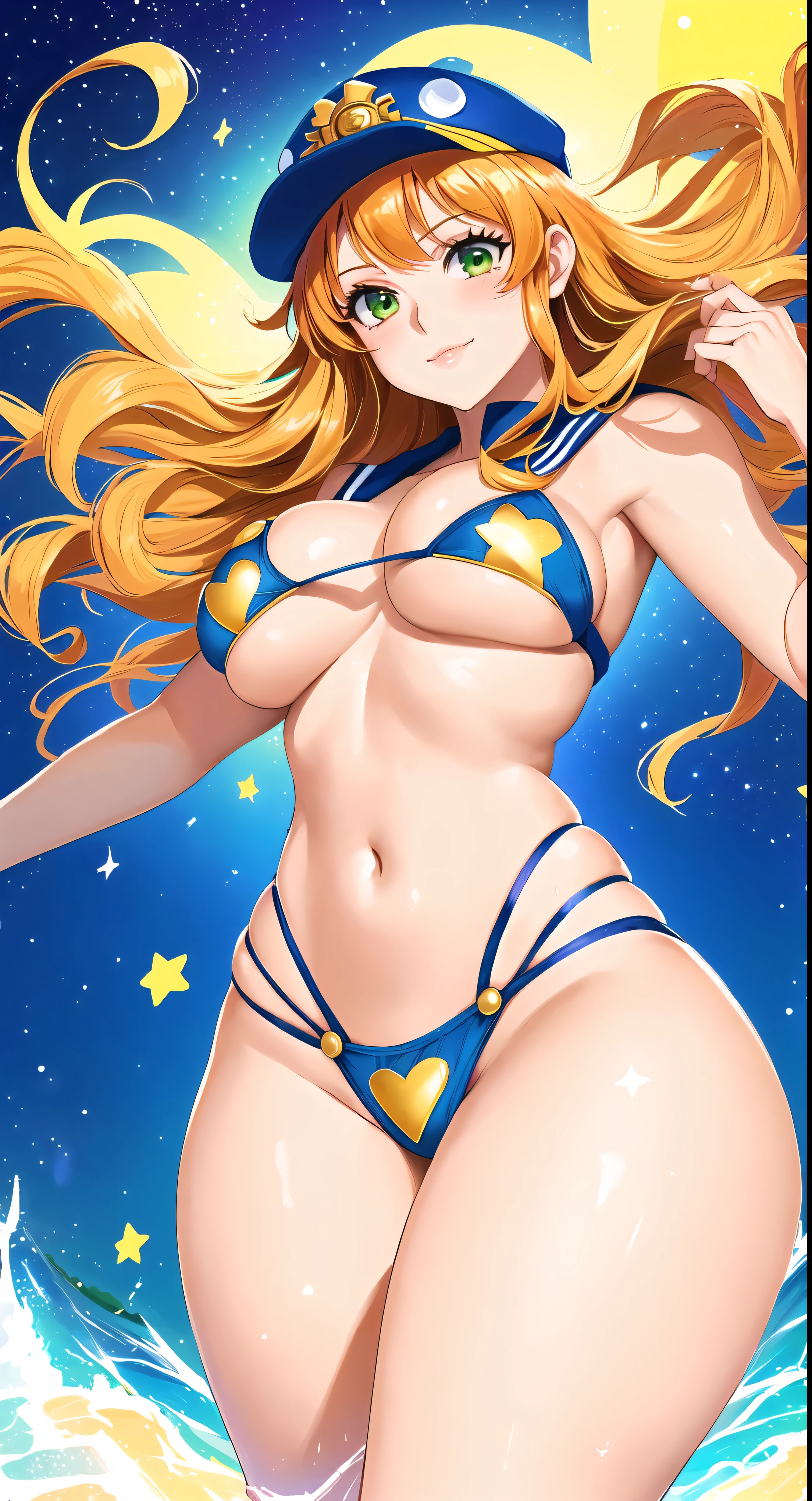 sailor girl in a bikini and hat with stars in the background, nami one piece, nami from one piece, nami, asuka suit under clothes!, lovely brigitte from overwatch, sexy-s 100, the sailor galaxia. beautiful, beautiful portrait of nami, miss fortune, glamorous angewoman digimon, full body zenkai! asuka suit