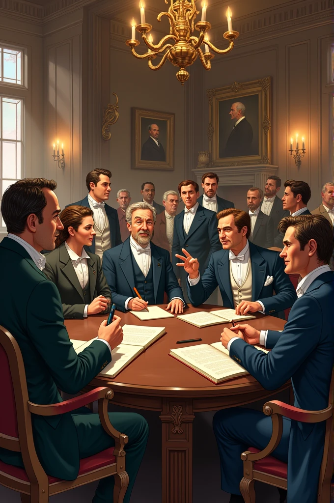 Group of writers and politicians at a meeting. Old animation