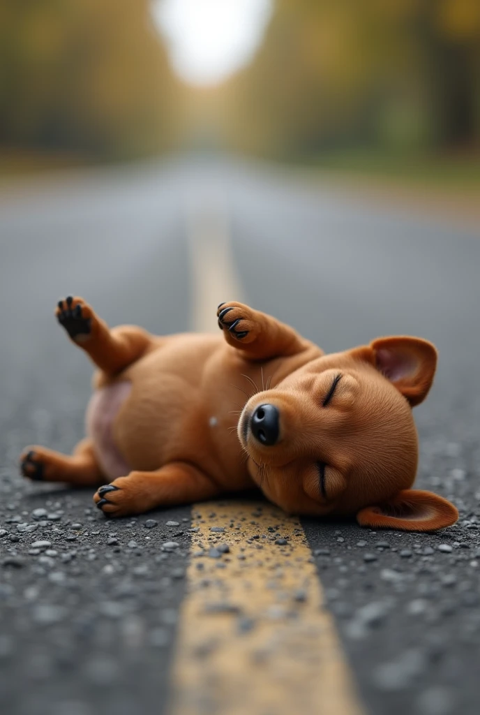 In the middle of the road、A super realistic brown miniature dachshund smoothie sleeping cutely on its back。
