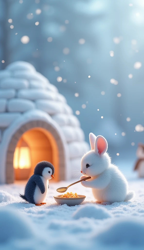 There is snow all around and a lot of snow is falling. There is a rabbit which is very small. The rabbit is white in colour. The rabbit's hair is like feathers. The rabbit has small ears. And there is a  penguin which is smaller than the rabbit and is very cute like a baby. There is an igloo inside which a lantern is hanging. Inside the igloo The rabbit is feeding the penguin with the help of a spoon with his hand and the food is in a bowl.image in 3d animation.