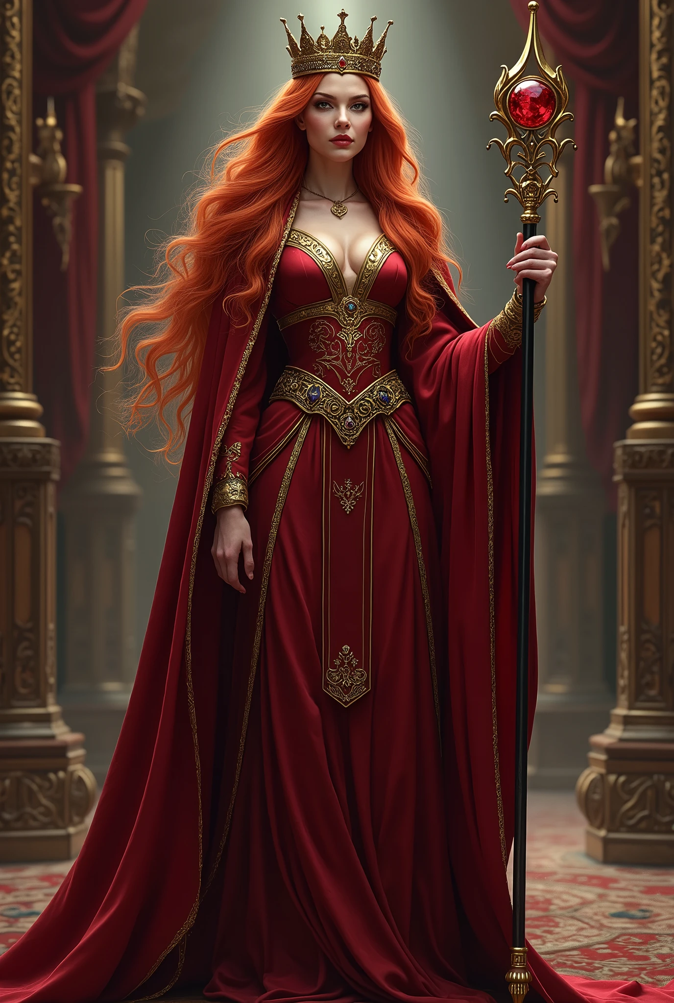 Make a beautiful Queen in a medieval sorceress style outfit with red hair