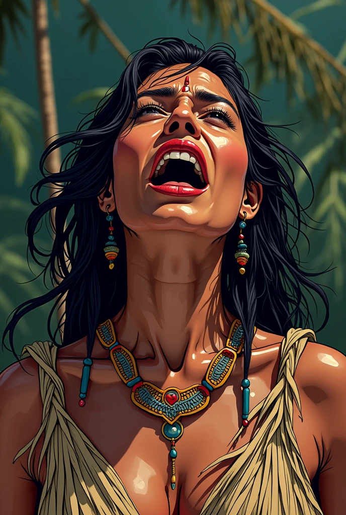 An indigenous woman crying sadly and desperately, she is dressed in straw and leaves, estilo historia em quadrinhos. contains vibrant and very striking colors.