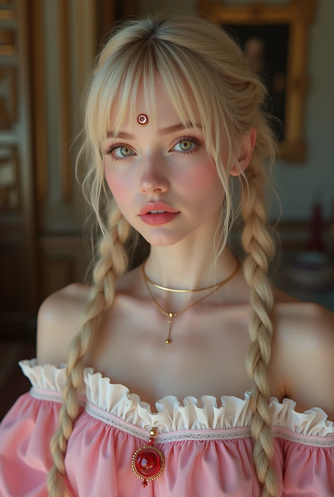 masterpiece、high resolution、8k、Delicate depiction、(((Realistic)))、(((real woman)))、(((beautiful woman)))、(((cute woman)))、(((photograph)))、(((not animation)))、(((not comic))),young、22years old、White、Blonde Hair、long hair、Twin tails、bangs、(((three eyes)))、(((third eye on the center of amount)))、(((third eye under bangs)))、Brown eyes、Pink lipstick、little smile,Pink open chest dress、White fabric on the chest、A fluttering red ornament on the collar、Bust Shot、Inside the castle