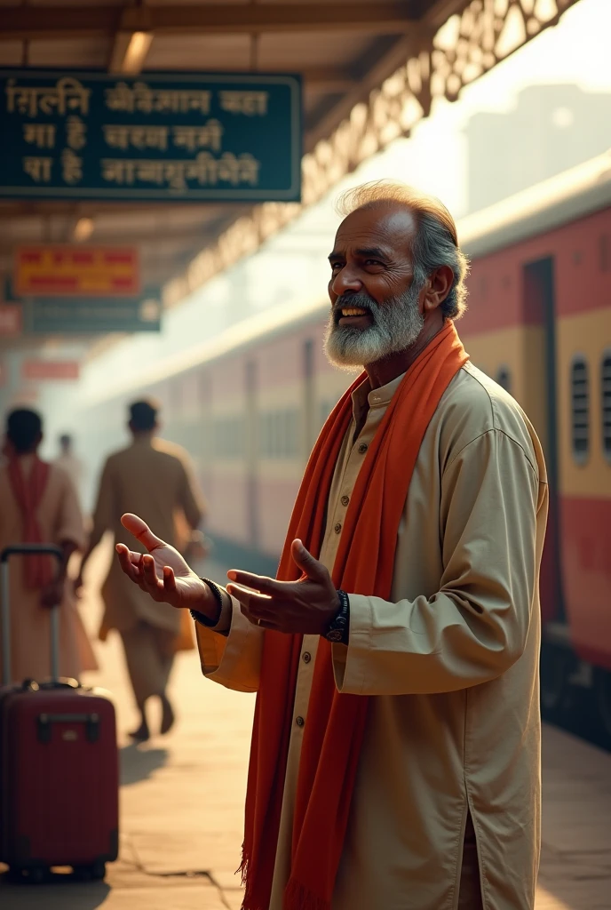 A indian man say to where background view train station