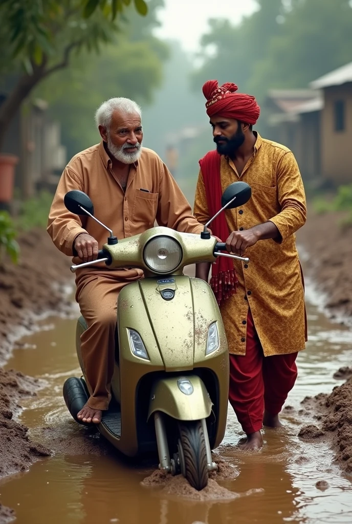 Ek uncle hai jinka scooter kichad mein fas Gaya hai ek ladka unki madad Karta hai jisne apni shaadi ki sherwani pahani hai back image