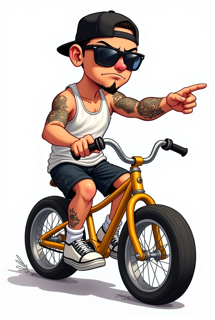 Cartoon illustration, of cholo with white tank tops, Bermuda shorts, white tennis shoes with black, black cap put backwards,with tattoos on his arms, dark glasses,with high white socks, with the shaved cut, goatee, on a gold cholo bike with high handlebars, pointing forward,with an annoyed expression ,WITH WHITE BACKGROUND