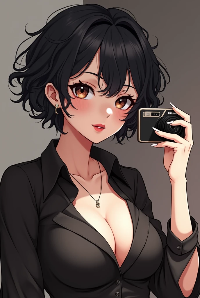 Anime girl with short curly black hair, dark brown eyes, thesis morena clara, big chest, ear piercing, somewhat thick lips, especially the upper one, taking a selfie photo, with a necklace and a nice black blouse