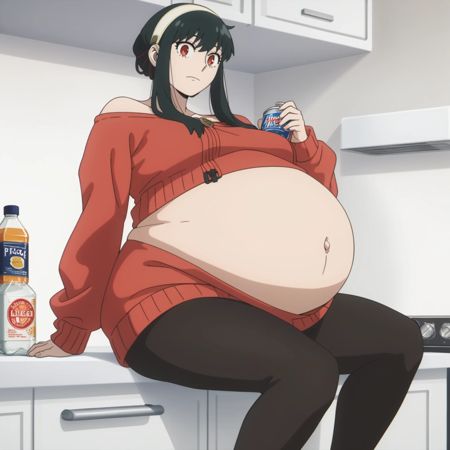 looking at viewer, solo, YorForger,1girl, ((middle breast)), ((belly stuffed)), ((huge belly)), ((staggers)), black hair, red eyes, short hair with long locks, white hairband, off shoulder, ((red sweater)), black pantyhose, ((drank too much)), ((exhausted)), ((agitated)), ((in front of a fridge)), ((open fridge)), ((lean on the fridge)),