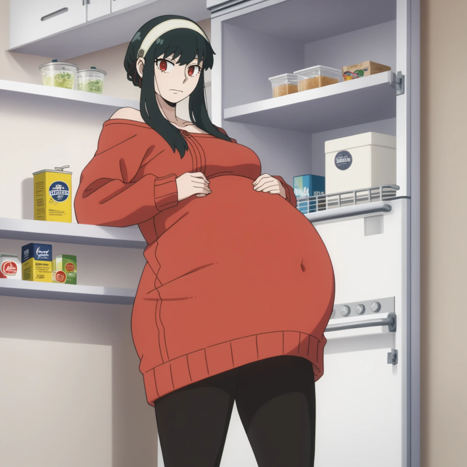 looking at viewer, solo, YorForger,1girl, ((middle breast)), ((belly stuffed)), ((huge belly)), ((staggers)), black hair, red eyes, short hair with long locks, white hairband, off shoulder, ((red sweater)), black pantyhose, ((drank too much)), ((exhausted)), ((agitated)), ((in front of a fridge)), ((open fridge)), ((lean on the fridge)),