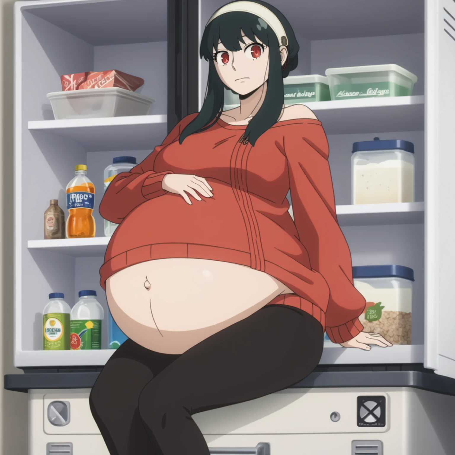 looking at viewer, solo, YorForger,1girl, ((middle breast)), ((belly stuffed)), ((huge belly)), ((staggers)), black hair, red eyes, short hair with long locks, white hairband, off shoulder, ((red sweater)), black pantyhose, ((drank too much)), ((exhausted)), ((agitated)), ((in front of a fridge)), ((open fridge)), ((lean on the fridge)),