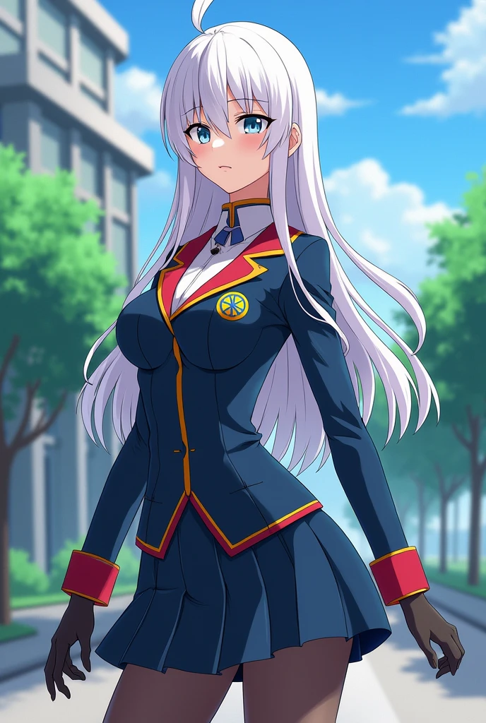 A woman about with white hair, light blue eyes and a thin body wearing a my hero academia uniform