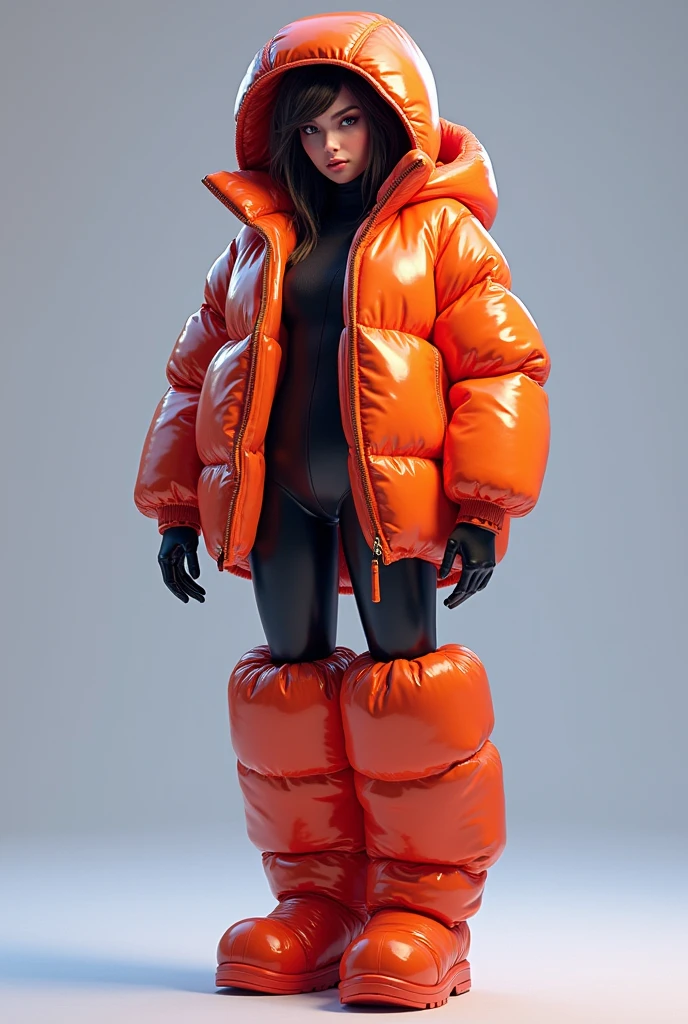 full picture, realist, Tracer from Overwatch inside her hooded sealed glossy overfilled thick duvetica down vest covering her glossy longsleeved latex topwear, her shiny legging, her full-foot glossy hyper padded overfilled thick inflated puffer slipers, a masterpiece, high details, high quality, high resolution