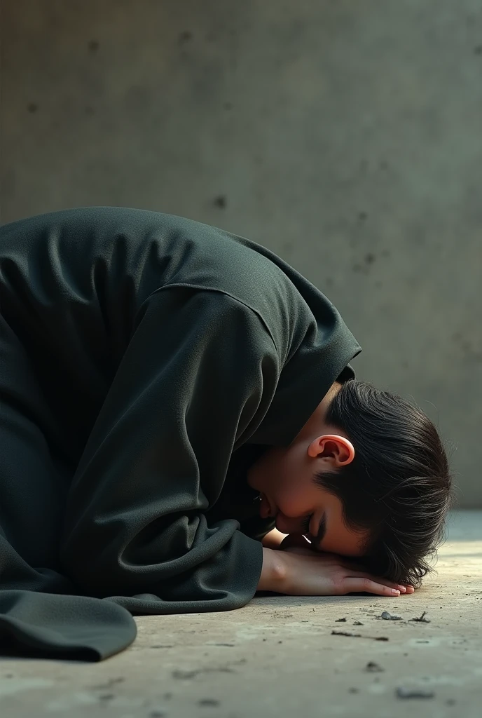 Showing himself prostrating himself on the ground, With deep humility and repentance, Bow your head, With a gesture of submission. Your expression should reflect your perception