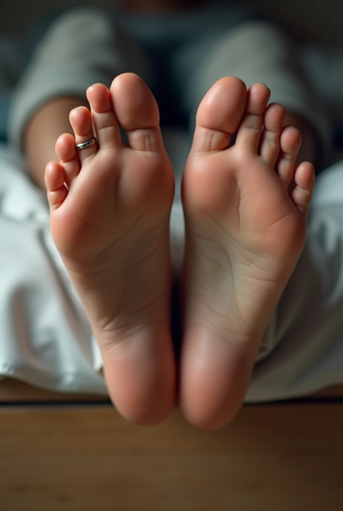 A pair of male feet hanging off bed. 5 toes on each foot, correct feet anatomy.